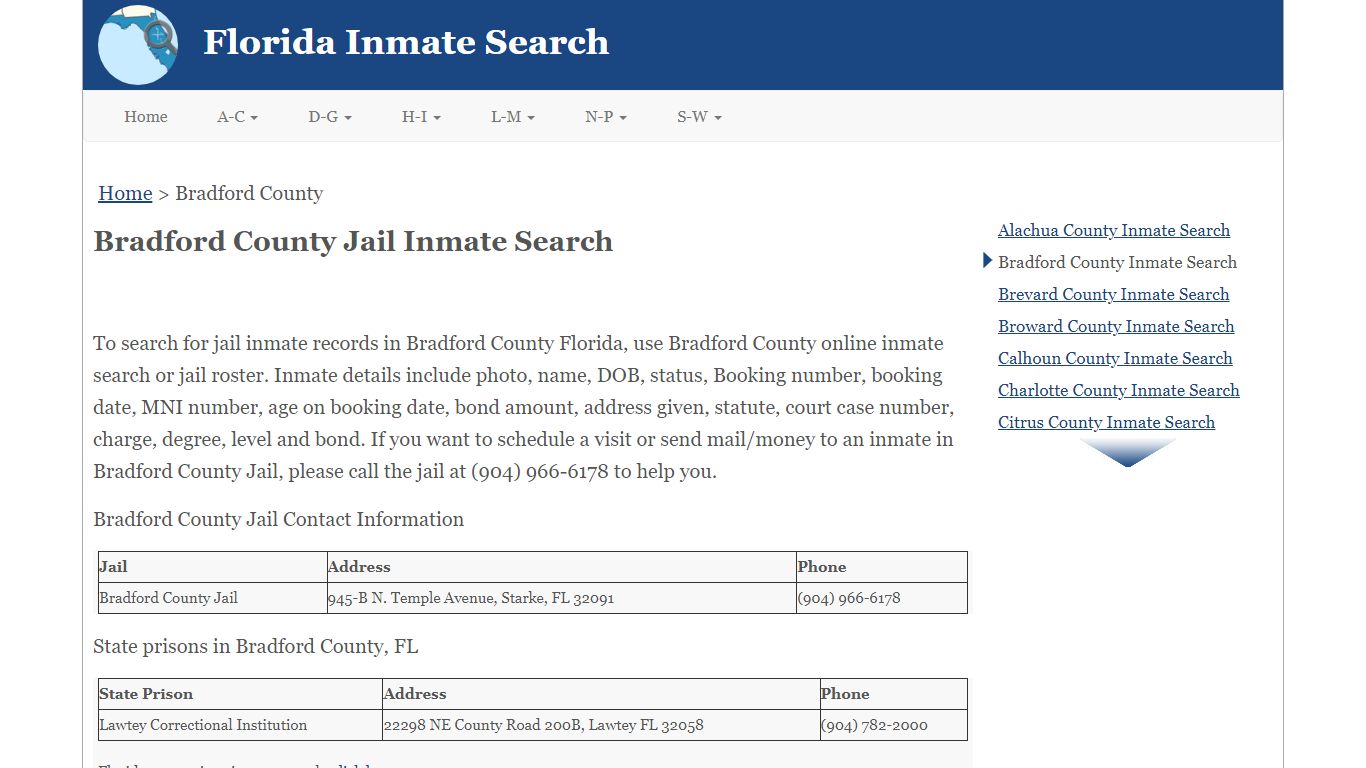 Bradford County Jail Inmate Search